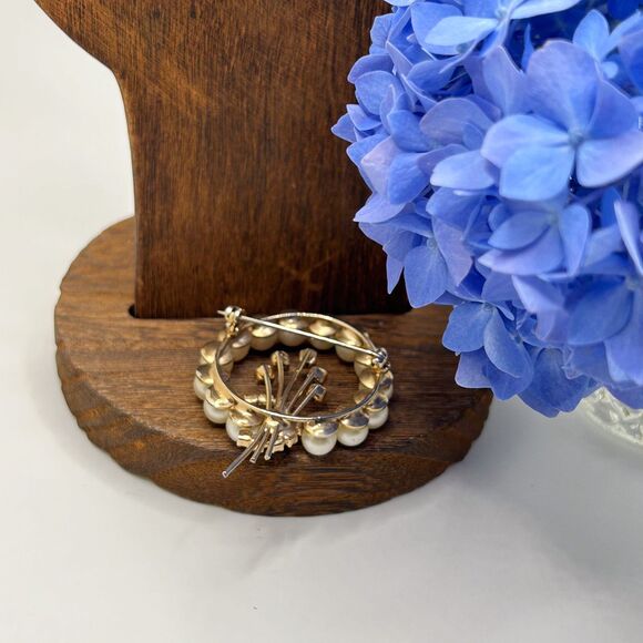 Vintage Pearl Wreath Brooch with Faux Sapphire Flower Accent - Picture 2 of 6